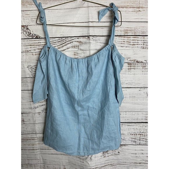 Reformation Women’s Off The Shoulder Tie Top Blouse Shirt Size Small Blue Linen - Picture 1 of 4